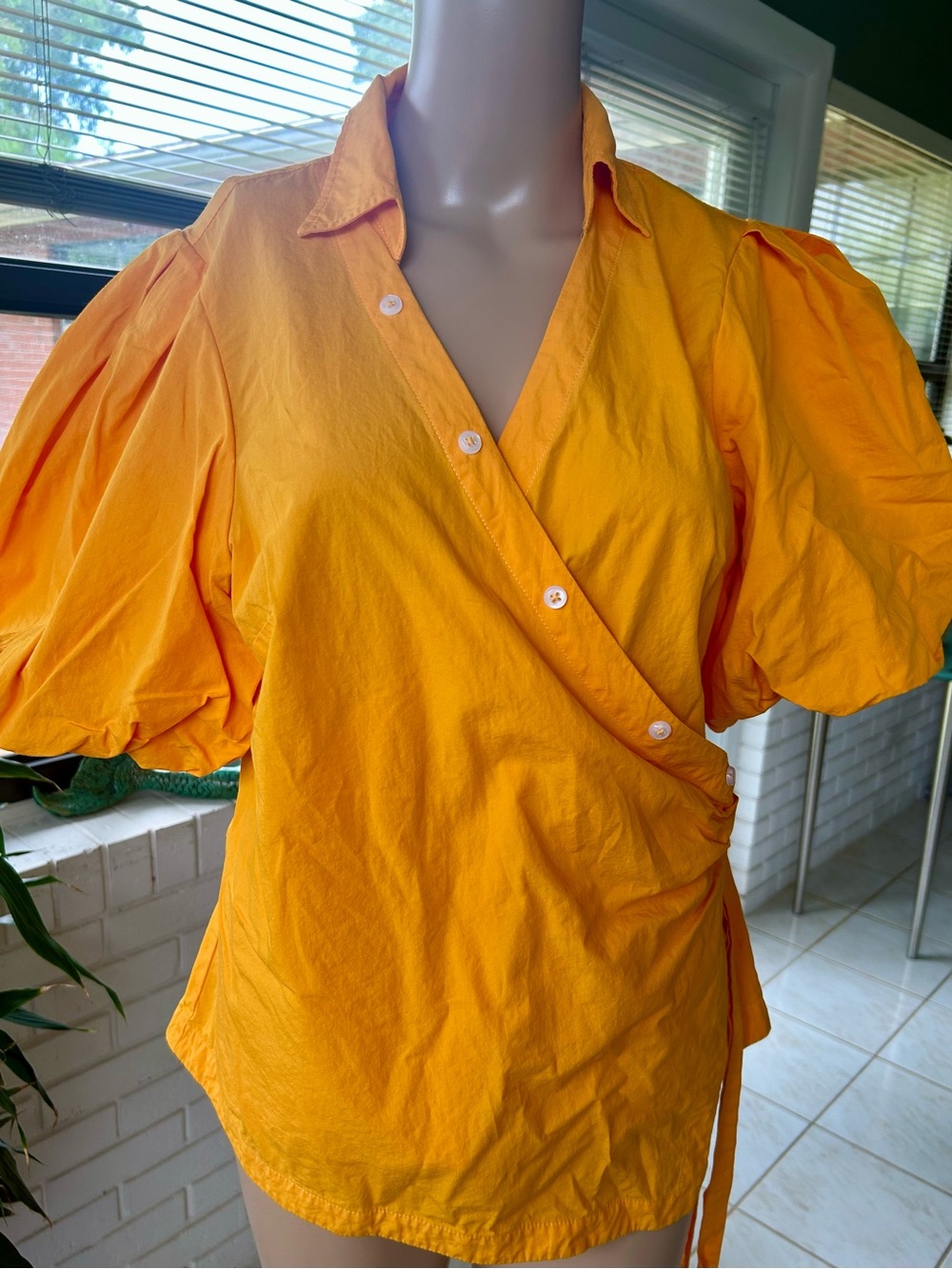 Anthropologie Orange Wrap Puff-Sleeve Blouse